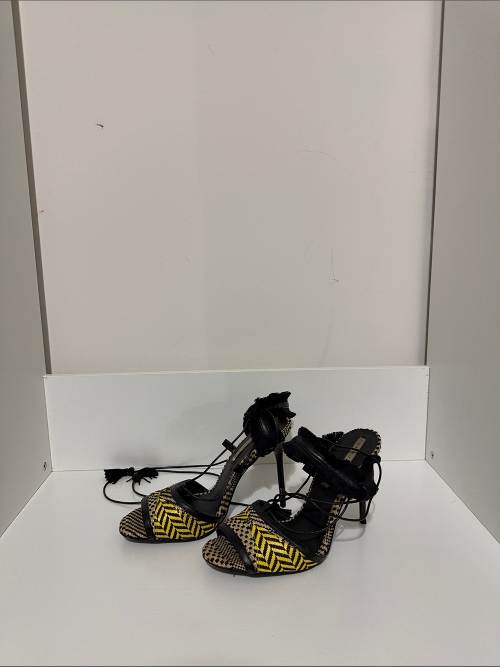 Zara Black and Yellow Woven Strappy High Heels